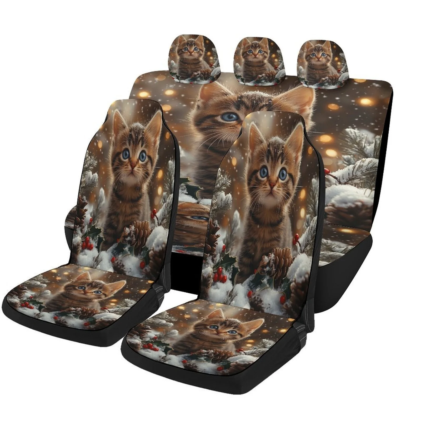Winter Kitten Snow Designed Car Seat Cover Set For Most Cars, Decorative Fashionable High-quality Car Seat Protector Covers Full