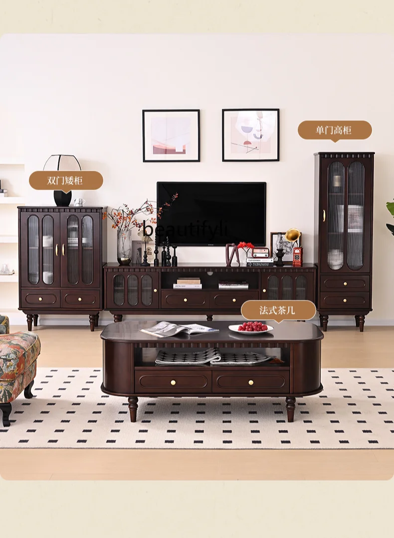 French Pure Solid Wood TV Cabinet Small Apartment Retro Simple Living Room TV Cabinet and Tea Table Combination Home Floor