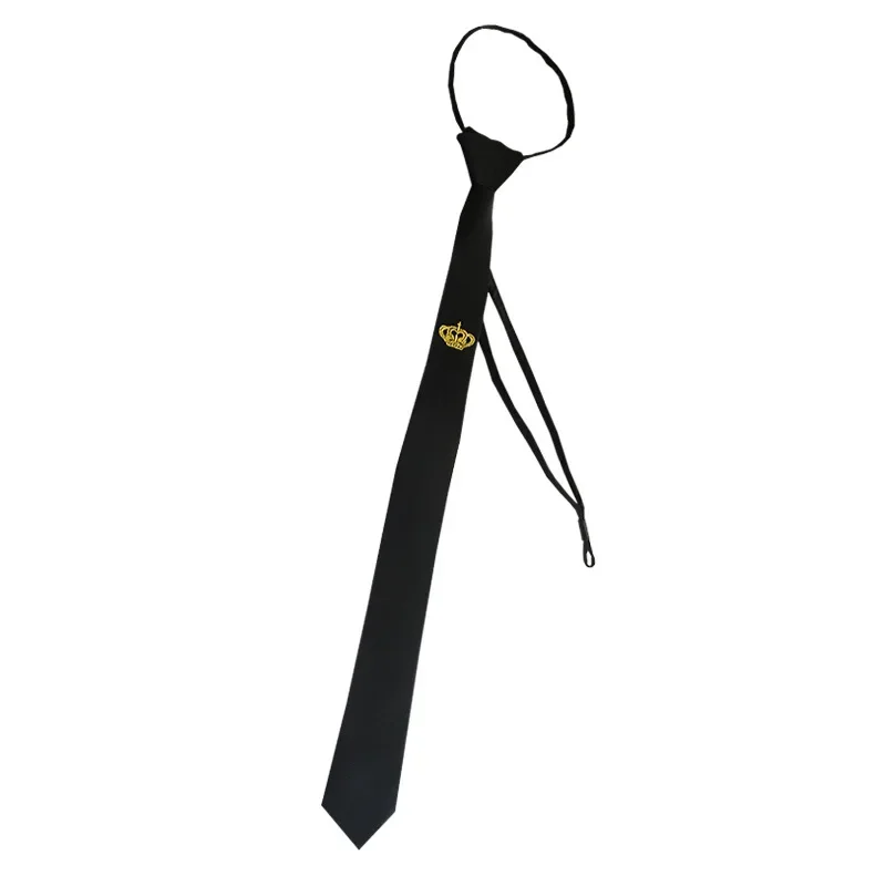 Fashion Men\'s Skinky Tie Gold Silver Crown Embroidery Slim Black 5cm Lazy Zip Party Necktie Casual Wedding Gifts Accessories