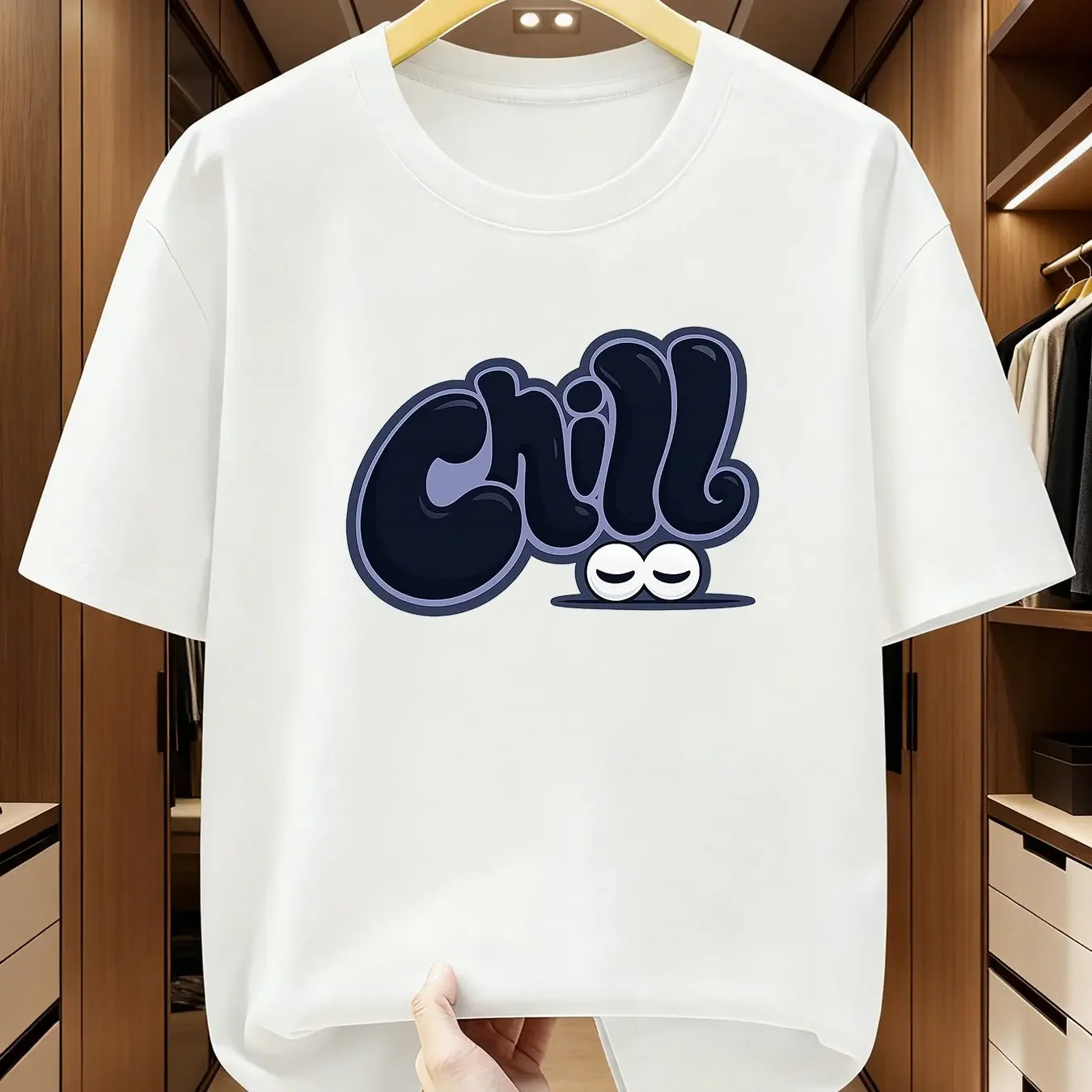 Summer Men's 100_ Pure Cotton Casual Loose Fit Plus Size Chill Printed Comfortable Round Neck Short Sleeved T-shirt Top