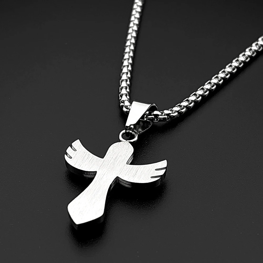 Two-Tone Angel Wing Cross Christian Pendant Necklace Stainless Steel Silver Color Rhinestones Couple Chain Faith Jewelry Gift