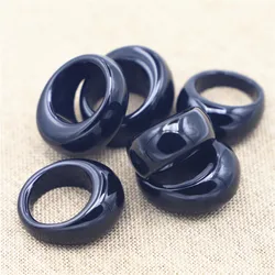 New Natural Stone Smooth Finger Engagement Black Agate Ring Luxury Jewelry Wedding for Women Men Bands Wholesale 15MM 17#18#19#