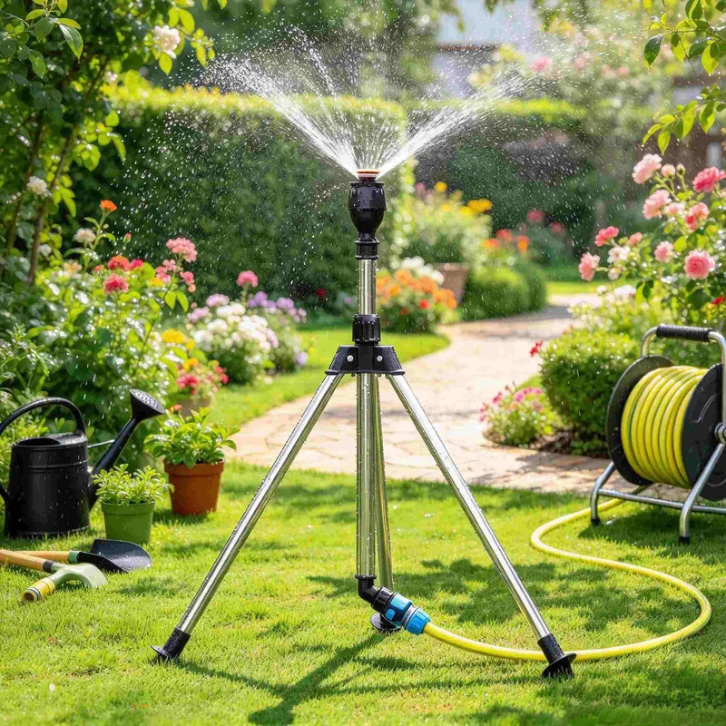 360° Rotating Garden Lawn Sprinkler Set Stainless Steel Tripod Sprayer with Telescopic Bracket for Yard Lawn Irrigation Watering