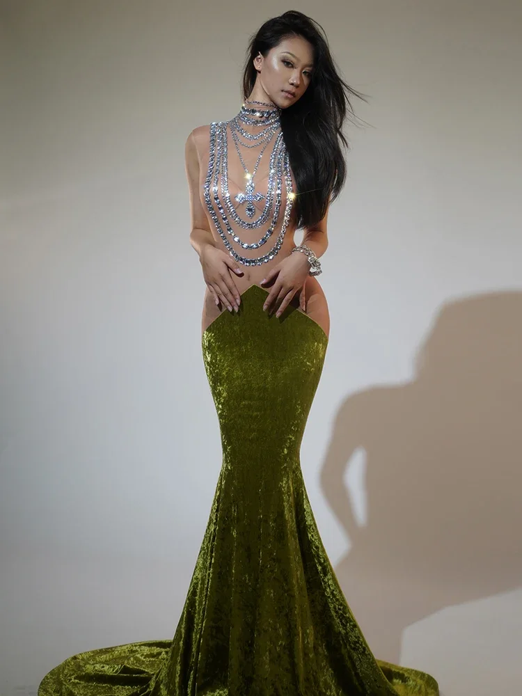 เซ็กซี่GlitterสีเขียวเงินRhinestonesตาข่ายโปร่งใสชุดยาววันเกิดชุดราตรีเวทีแสดงลากQueenเครื่องแต่งกาย