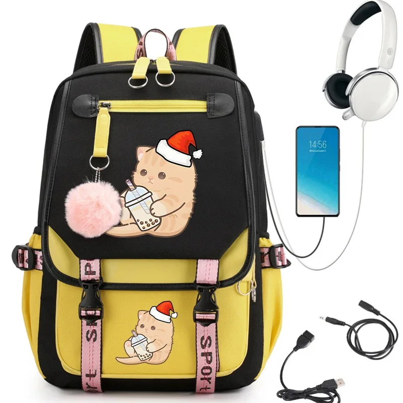 Desenhos animados de volta à mochila escolar, Anime Bookbag, Mochila de carregamento USB, Boba Kitten Bubble Tea