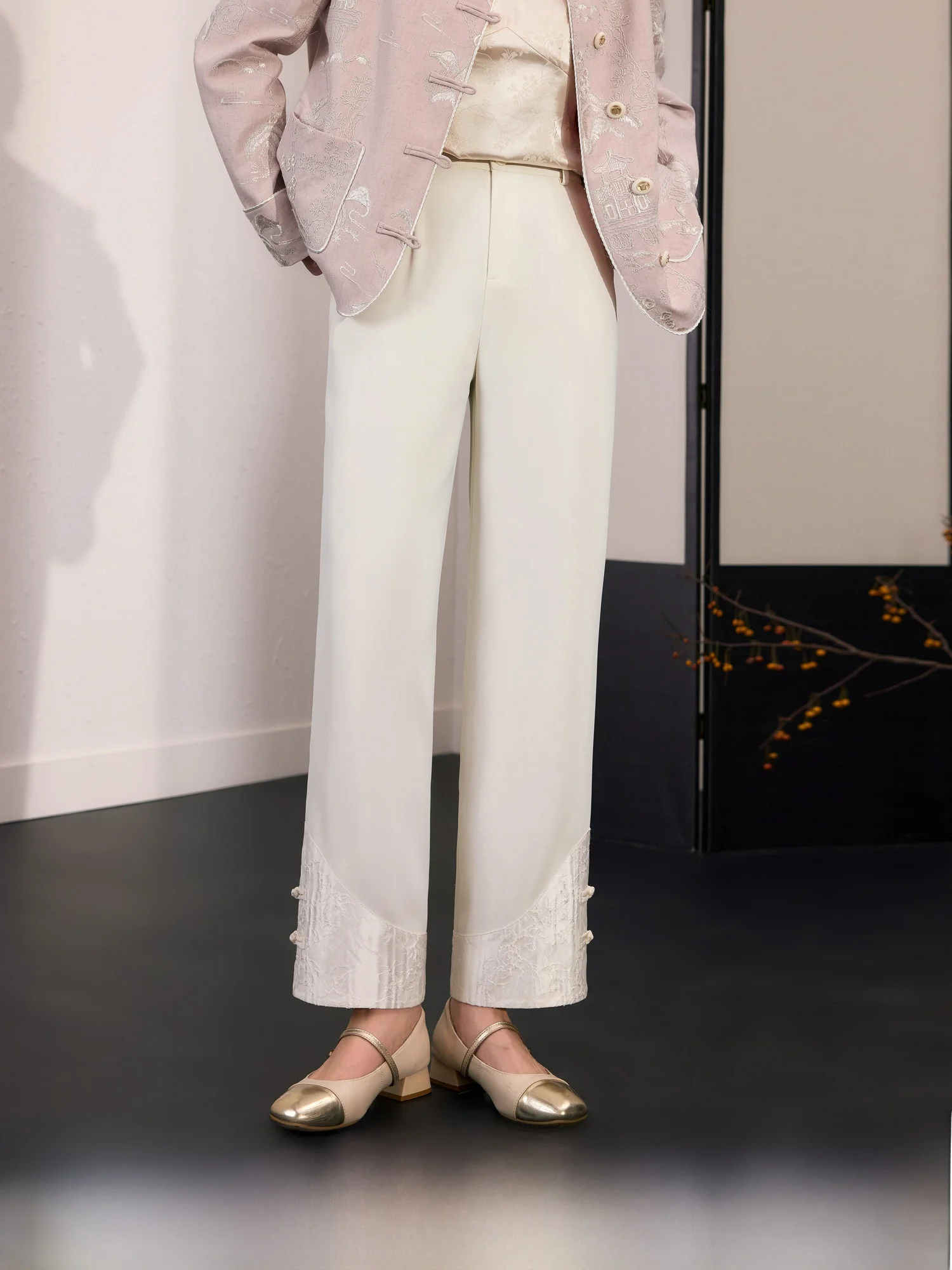 

Blue Language Large Size Women's Embroidered High Waist Straight Leg Pants Spring New Sle Nine Points Slimming Trousers