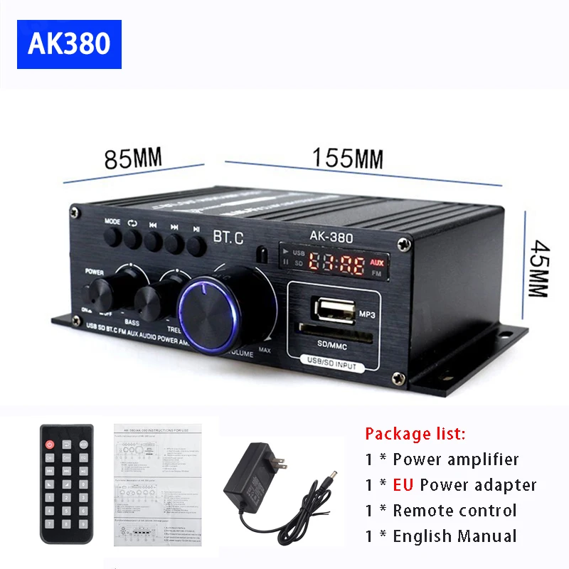 AK380 12V Bluetooth Power Amplifier Home Car Class D HiFi Amp Max