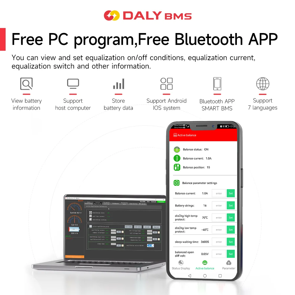 Daly Smart BMS 4S Lifepo4 BMS 8S 24V 16S 48V 1A Active Balancer Lifepo4 Active Equalizer BMS Protection Circuit RS485CANBUS