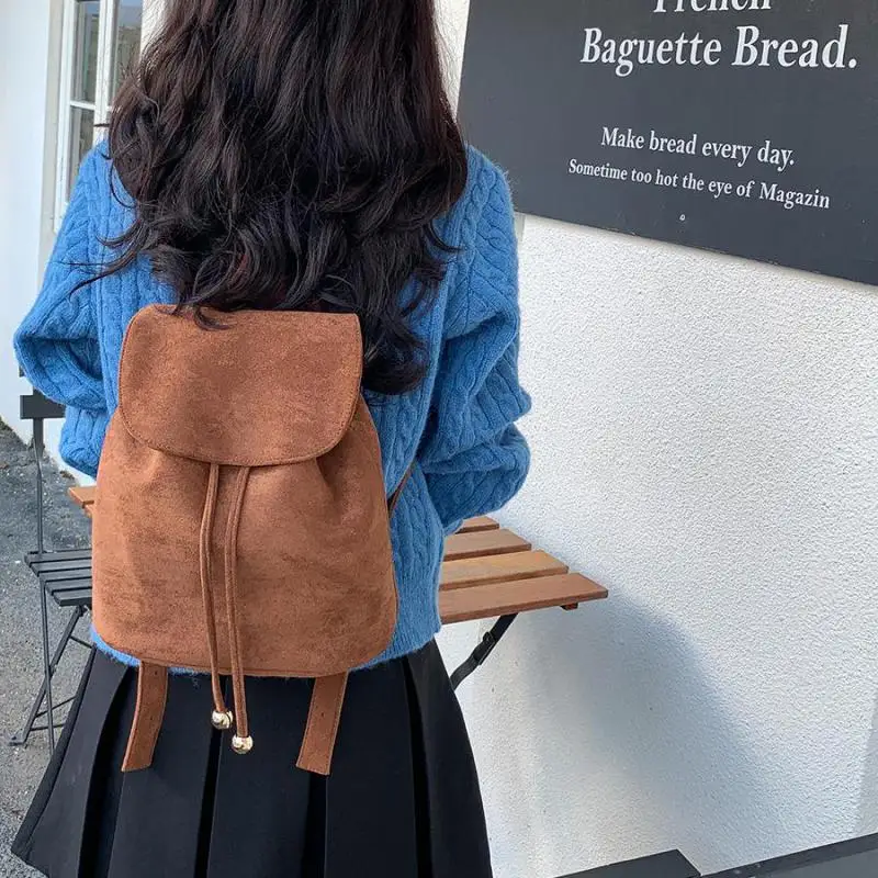 Vintage Suede Flap Drawstring Backpack Ins New Fashion Student Small Bagpack Matte Solid Color Female Travel Bags Rucksack Sac