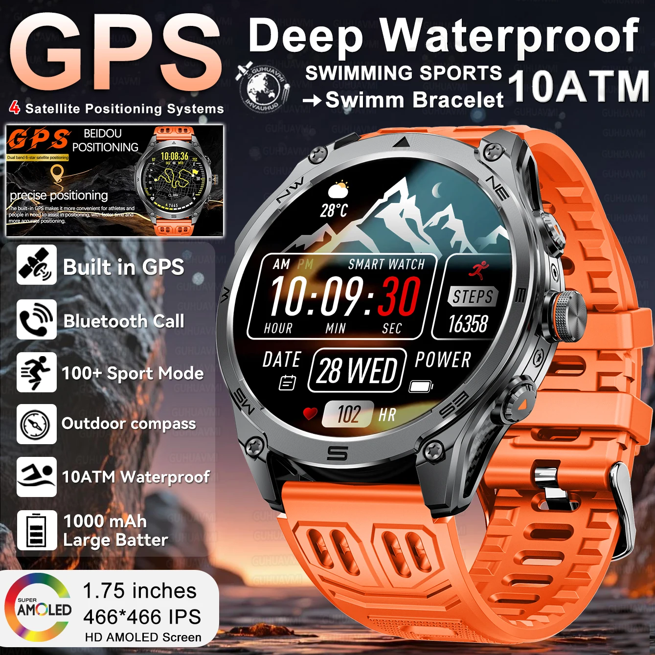 

2025 New Military Outdoor Smartwatch GPS Compass Tracker BT Call 10ATM Waterproof 1000Mah Battery Sports Fitness Smart watch Men