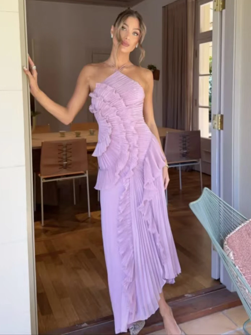 Modphy Women'S Irregular Pleated Slim Chiffon Long Dress Sexy Backless Ruffle Fashion Party Prom Elegant Evening Gown 2025 New