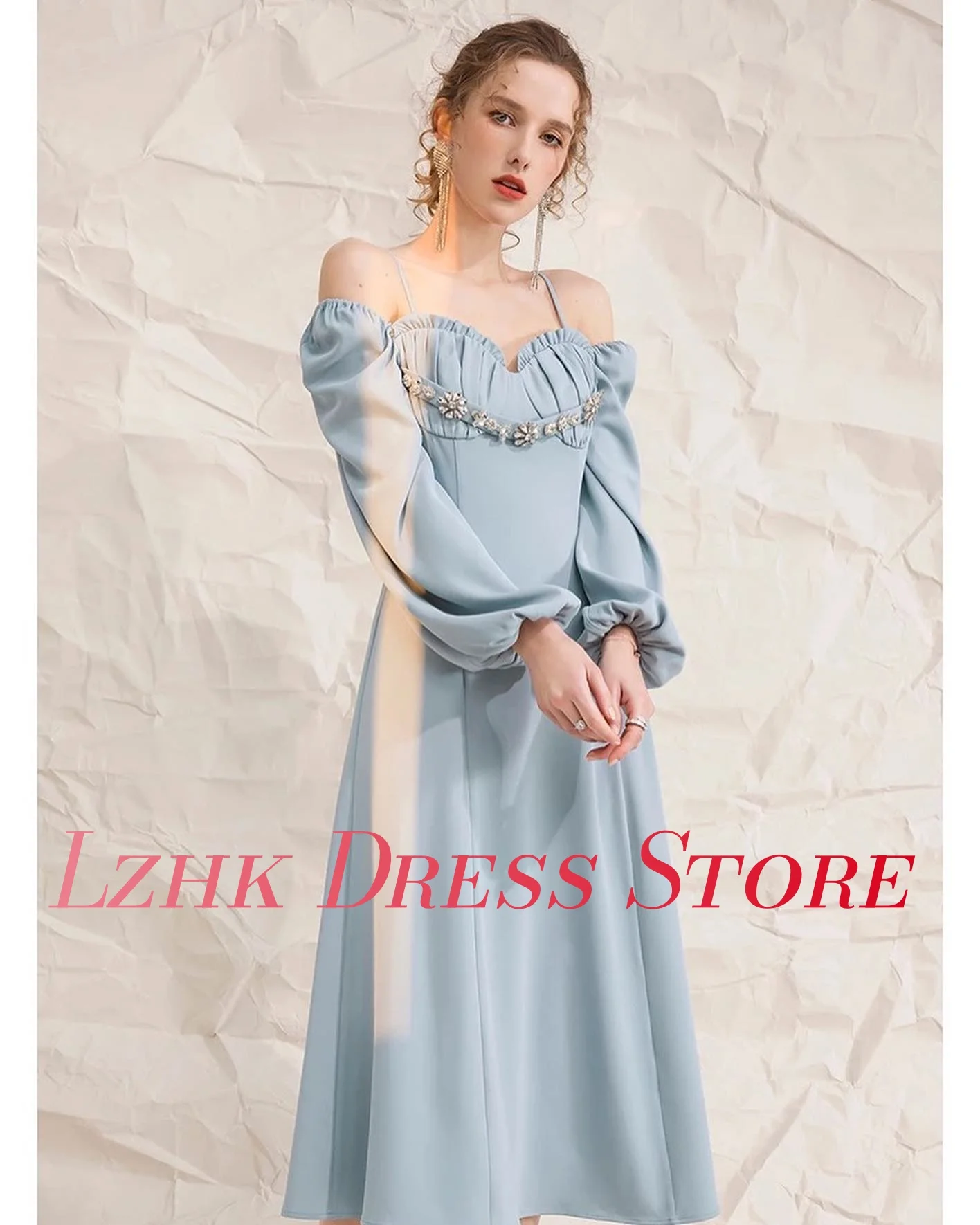 تخصيص رشيقة جيرسي ألف خط كريستال الزهور الكشكشة مساء اللباس مزاجه طويلة الأكمام الحبيب فساتين لحضور الحفلات الموسيقية