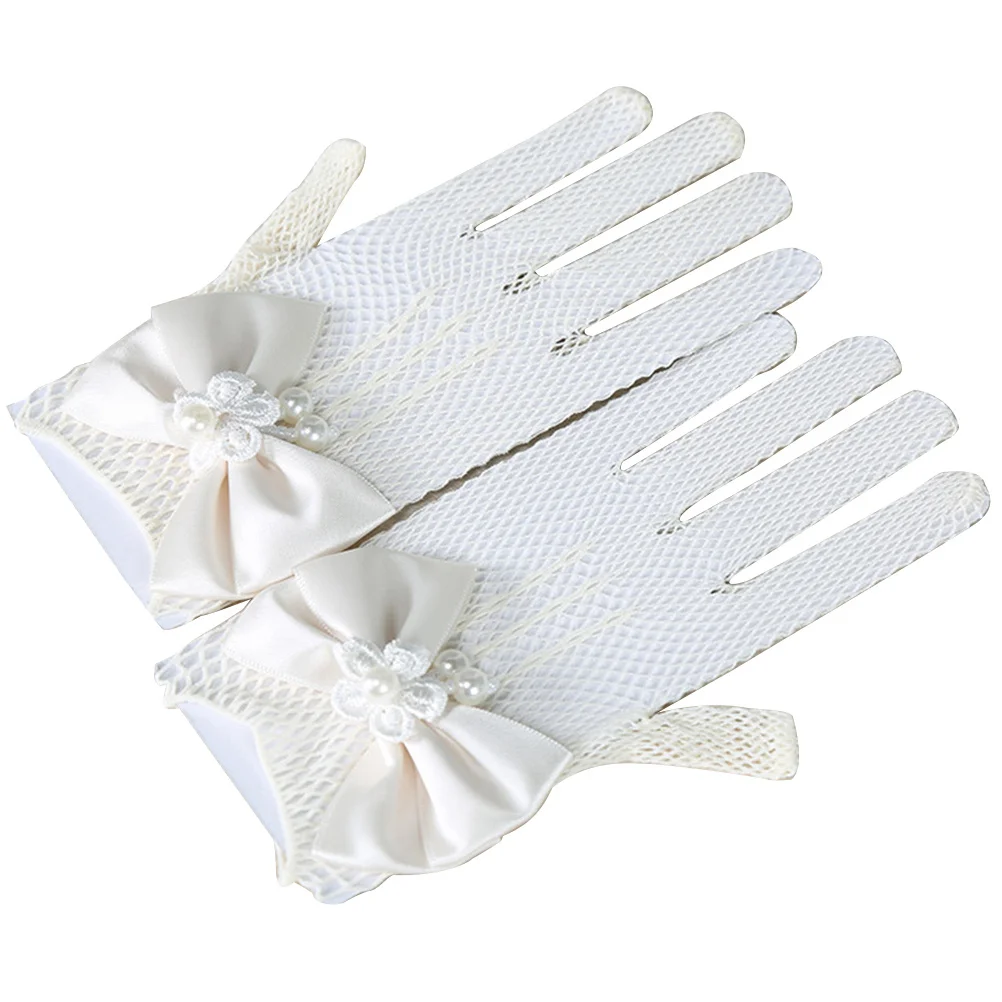 

White Lace Gloves for Girls Short Flower Girl Wedding Elegant Crochet Design Bowknot Full Finger Formal Event Mesh Glove