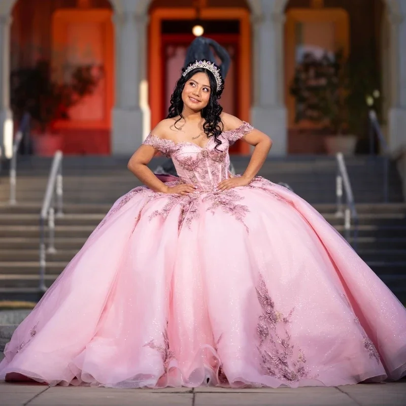 ANGELSBRIDEP-vestido rosa para quinceañeras, vestido de baile con corsé, Apliques de encaje, vestido de princesa dulce 16, vestidos de fiesta de cumpleaños personalizados