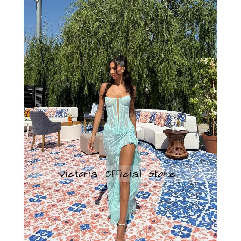 النعناع الأخضر تول قبالة الكتف فساتين لحضور الحفلات الموسيقية مثير عالية سبليت الجلباب دي سواريه الدانتيل الكشكشة حورية البحر فساتين السهرة حسب الطلب #6