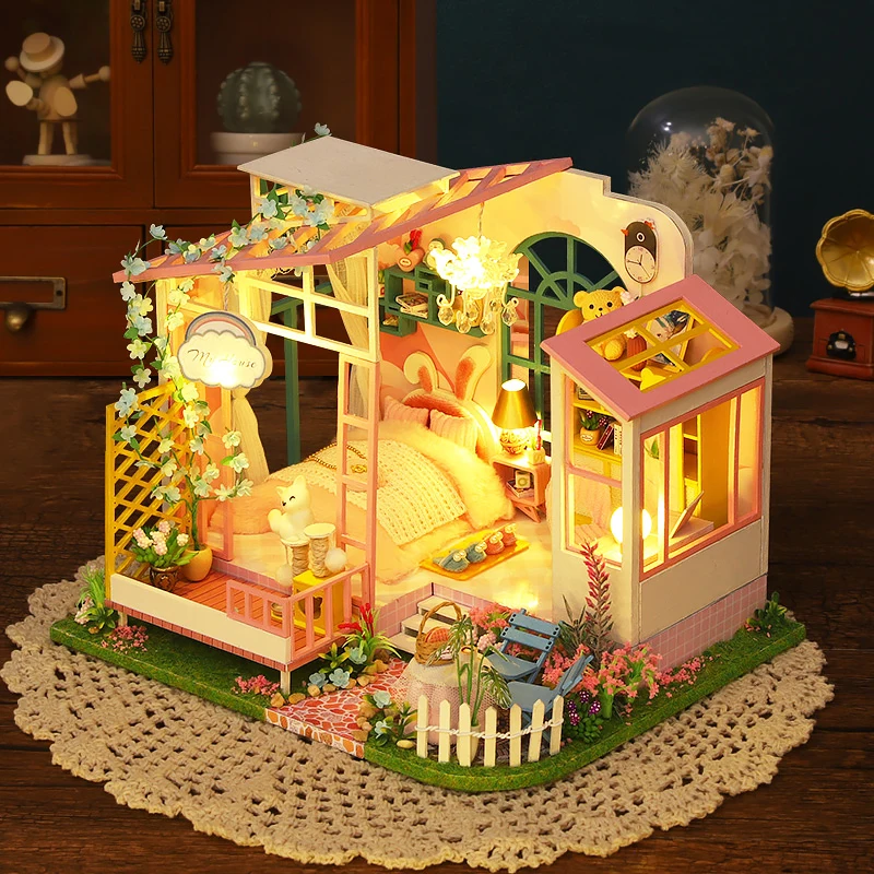 Drewniany Mini Domek dla Lalek Zestaw Puzzle 3D Model do Składania Zabawki Dekoracje do Domu Sypialni z Meblami Prezent na Boże Narodzenie
