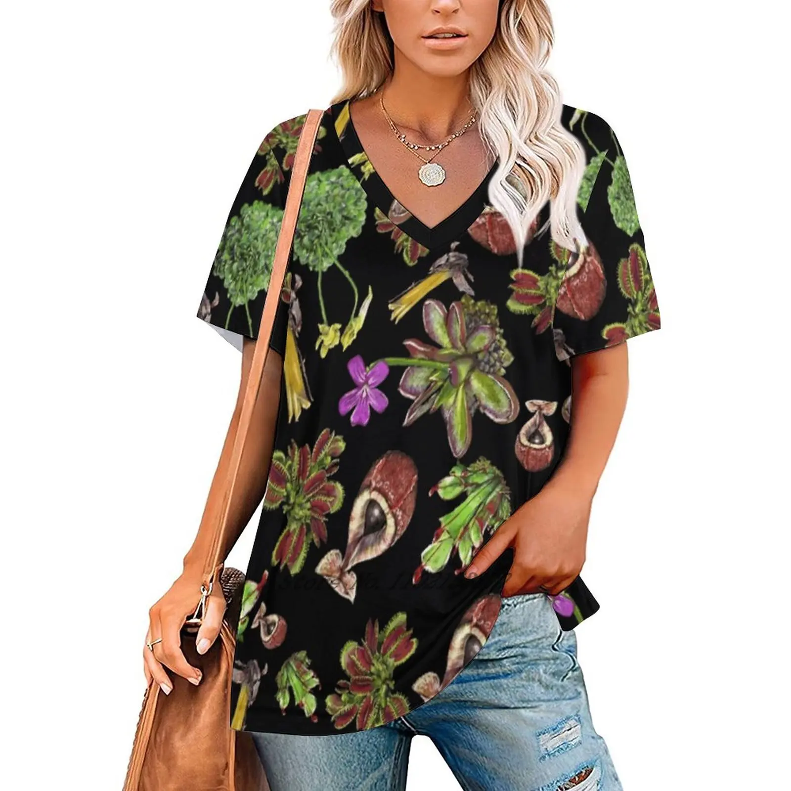 

Карнавальные растения, черный фон, новая мода, топ на молнии с открытыми плечами, женская рубашка с короткими рукавами, карнавалогическое растение, сочный