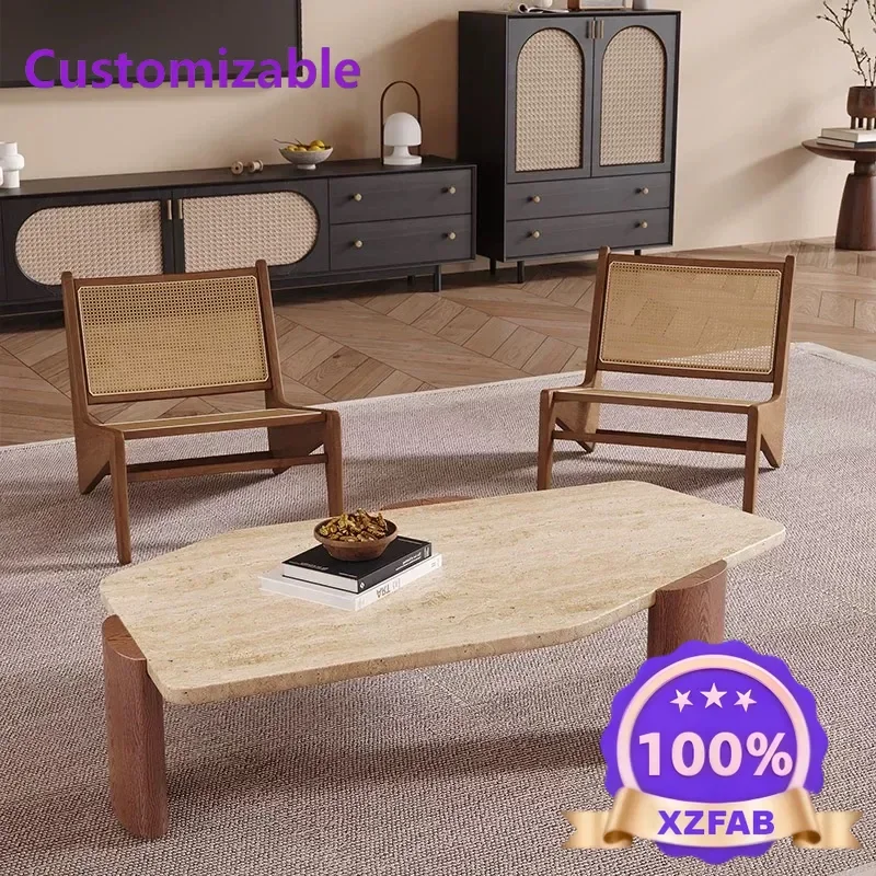 Factory Direct 2026 Wabi Sand wind travertine coffee table special-shaped modern simple solid wood tea table creative living