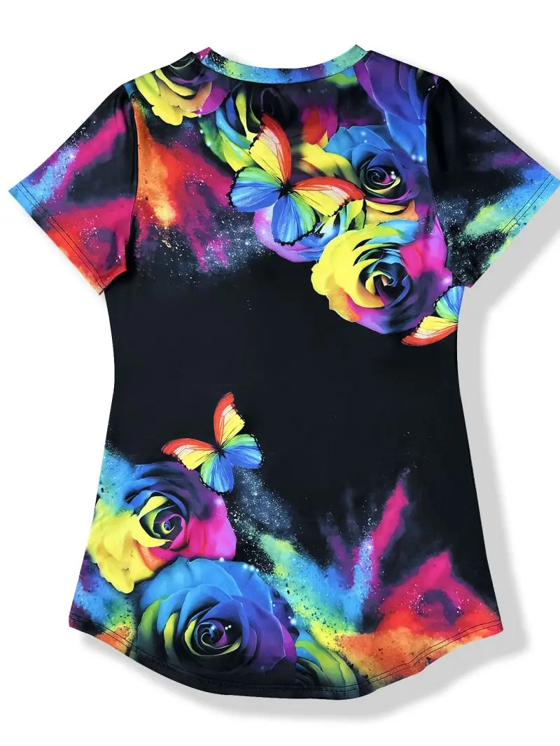 Women's round Neck Short Sleeve Loose T-shirt Casual Pullover Top with Irregular Hem Concealing Flesh Slimming Effect