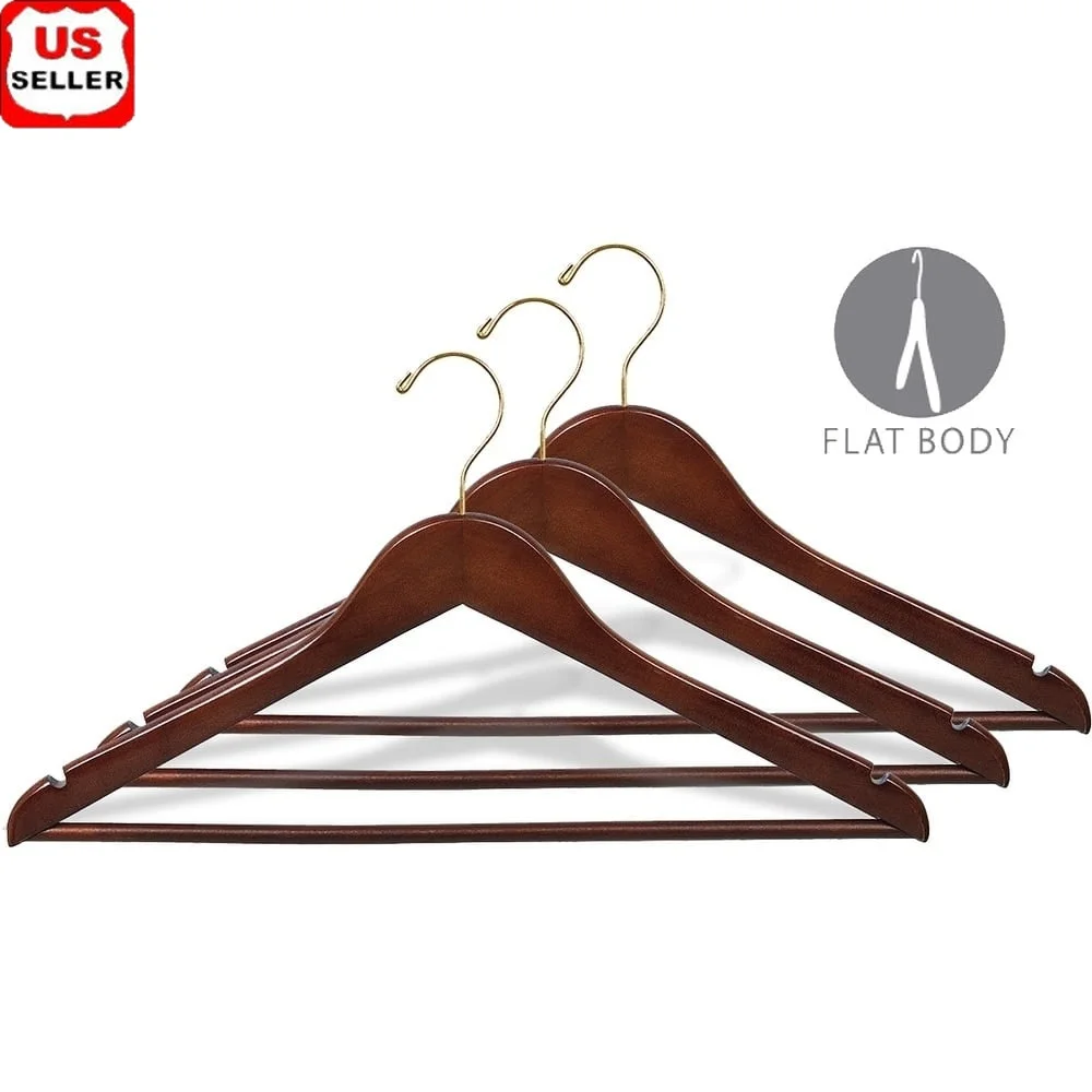 

Walnut Wood Suit Hangers 50 Pack with 360 Degree Swivel Hook Solid Pant Bar Notches Straps Storage Solution