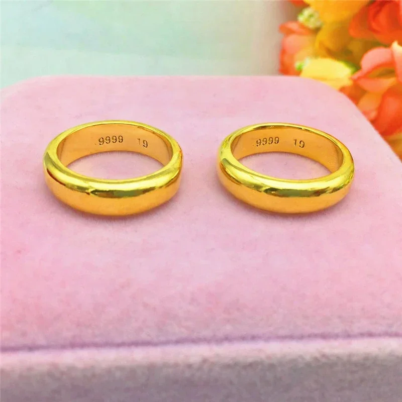 Pure Plated Real 18k Yellow Gold 999 24k Rings Men and Women Smooth Lover Antithes Simple Ring Long Lasting Never Fade Jewelry