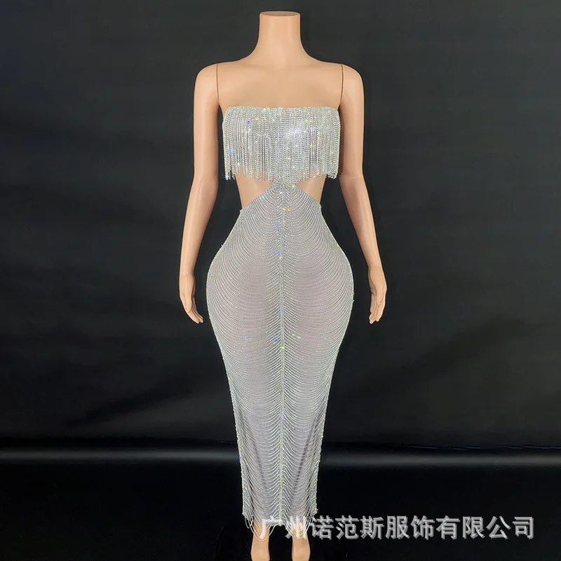 Shining Tassel Rhinestone Resort Temperament Long Dress Socialite Birthday High-end Dress Annual Meeting Host Dress Partykleider