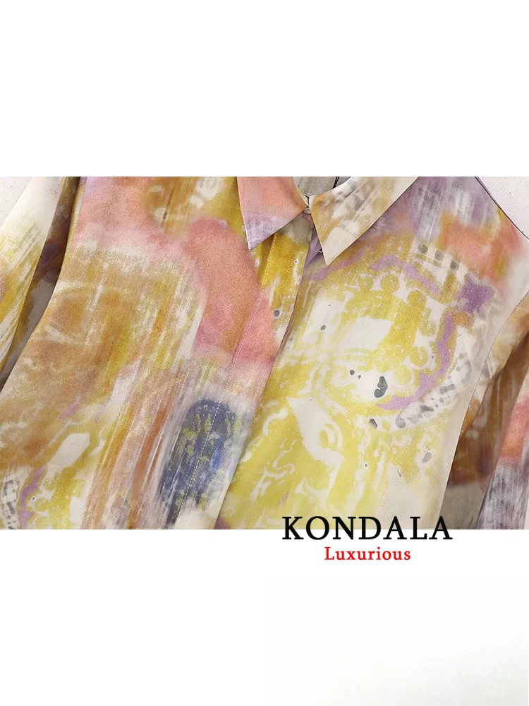 KONDALA بلوزة نسائية كلاسيكية مطبوعة غير رسمية بأكمام طويلة وياقة مقلوبة بلوزة فضفاضة واحدة الصدر موضة 2024 قمصان صيفية