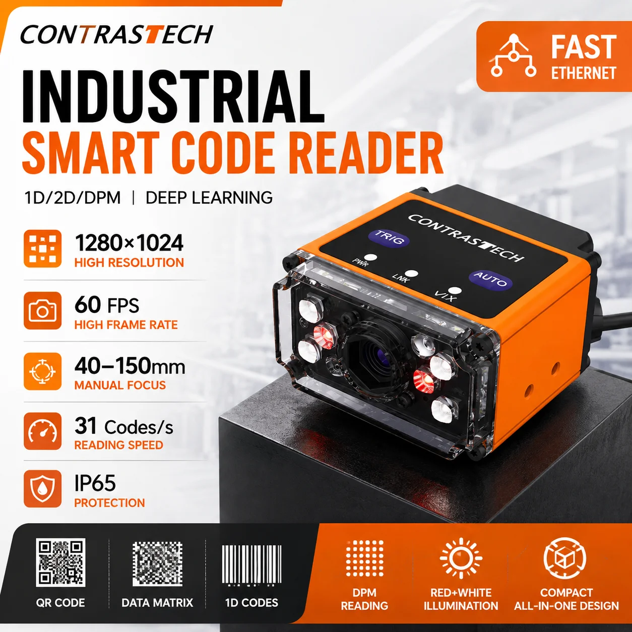 CONTRASTECH VRA1307S Industrial Barcode Reader 1280x1024 60FPS 1D 2D DPM Smart Code Reader Fast Ethernet Manual Focus 40-150mm