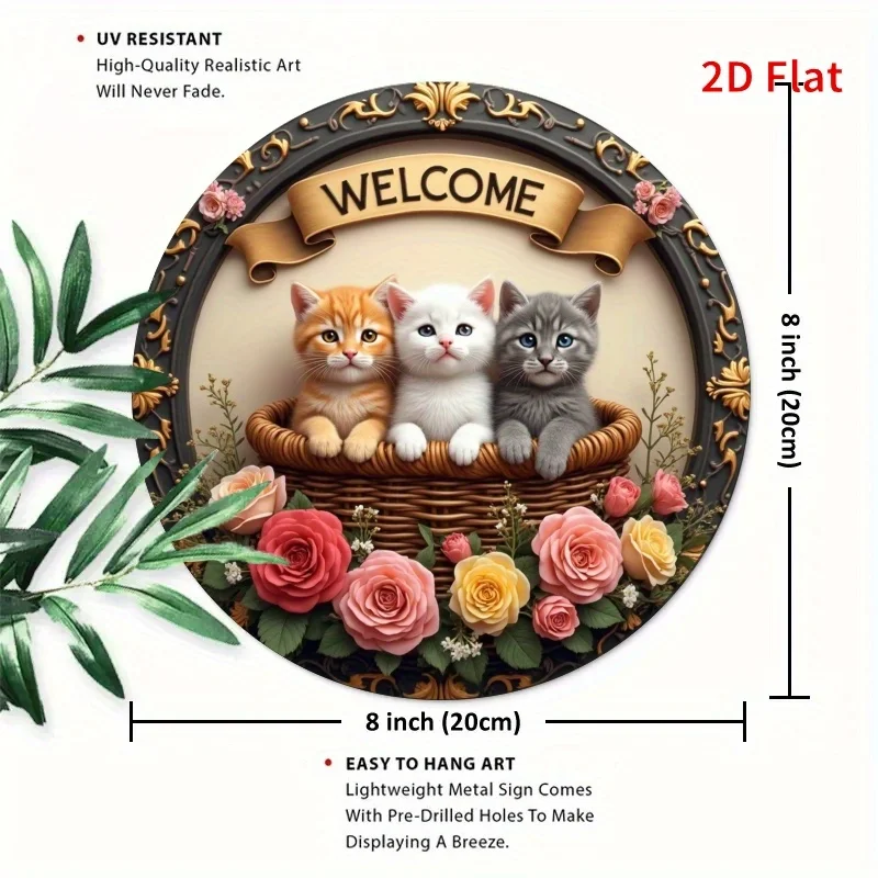 2D Flat Printing, 1pc, Three Kittens Welcome Round Metal Sign, Suitable for Lively And Peaceful Decoration of Living Room, Bedro