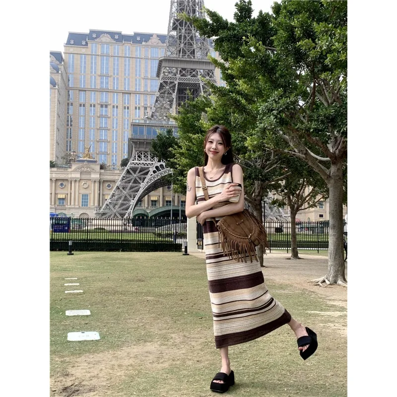 

Women's Long Maxi Dress Loose Striped Casual Dress for Summer Sleeveless Knitted Dress
