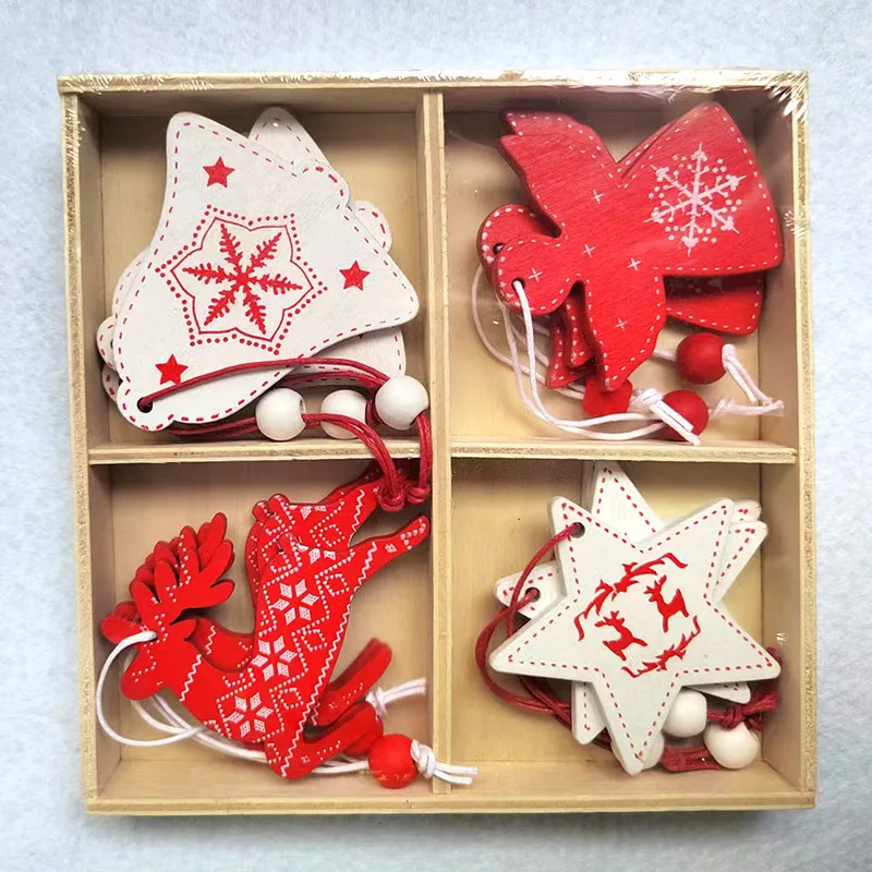 12PCS/Box Christmas DIY Star Deer Tree Wooden Pendant Cute Ornaments For Xmas Tree Hanging Decorations Kids Painting Gifts