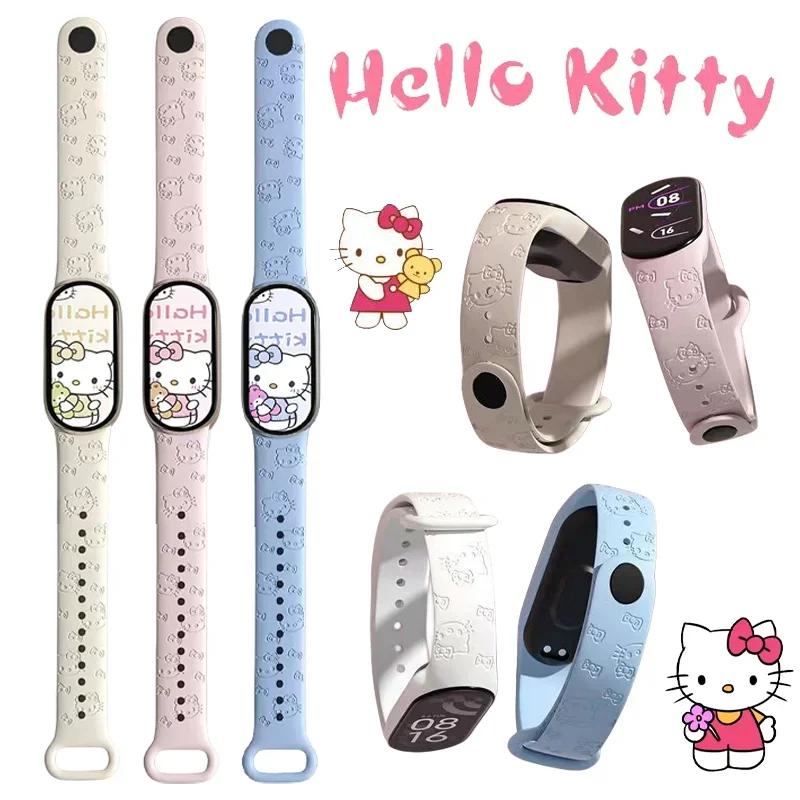 Hello Kitty 3D Carve Strap for Xiaomi Mi Band 3 4 5 6 7 8 Bracelet Silicone Printing Sport Smartwatch Replacement Wristband