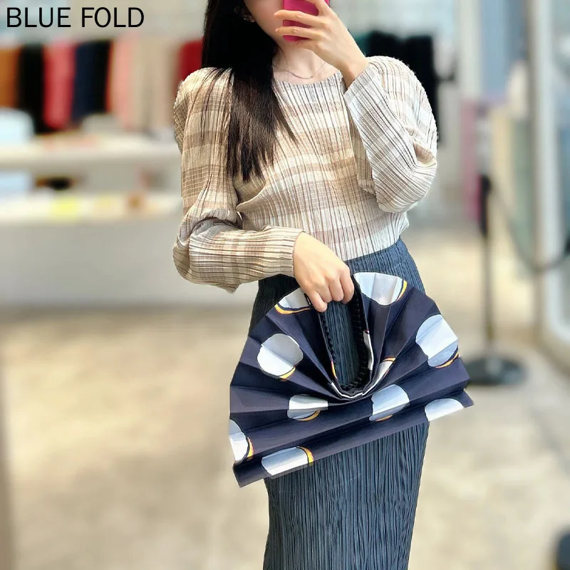 Miyake Pleated New Round Neck Onion Ring Long-sleeved Top for Women Simple Loose Casual Striped Long-sleeved T-shirt PLEATS Top