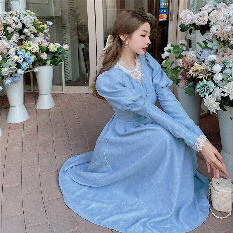 Elegant Vintage Puff Sleeve Dress Women Chic Patchwork Lace Long Party Dresses Female Casual French Sweet Kawaii Dresses Female image 3