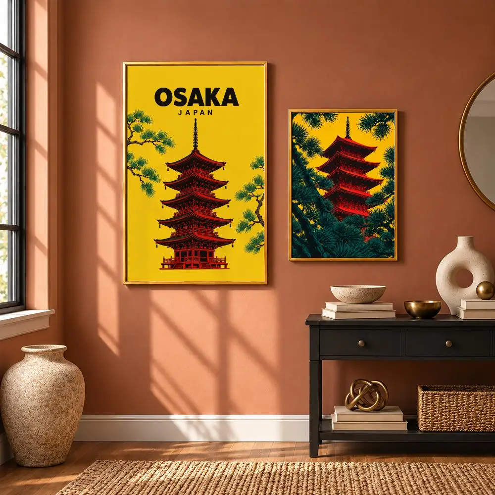 Japanese Osaka Pagoda Art Poster Art Wall Stickers & Self-Adhesive Decals for Home, Bedroom & Living Room