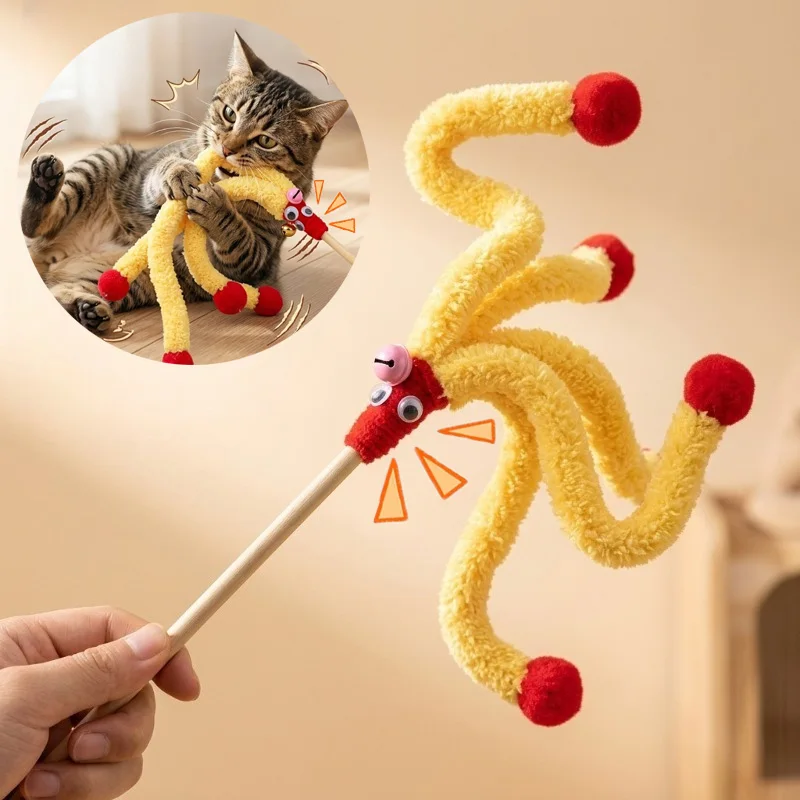 Interaktives Katzenspielzeug: Bunter Oktopus-Stab mit Glocke für Kätzchen und Katzen – Teaser-Spielzeug für Haustierkatzen
