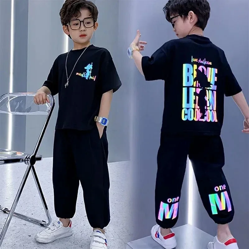 Children's Suit Boys Summer Short Sleeve T-Shirt Pants 2 Piece Teenage Boys Sports Casual Clothes Set 3 5 8 10 12 13 15Y