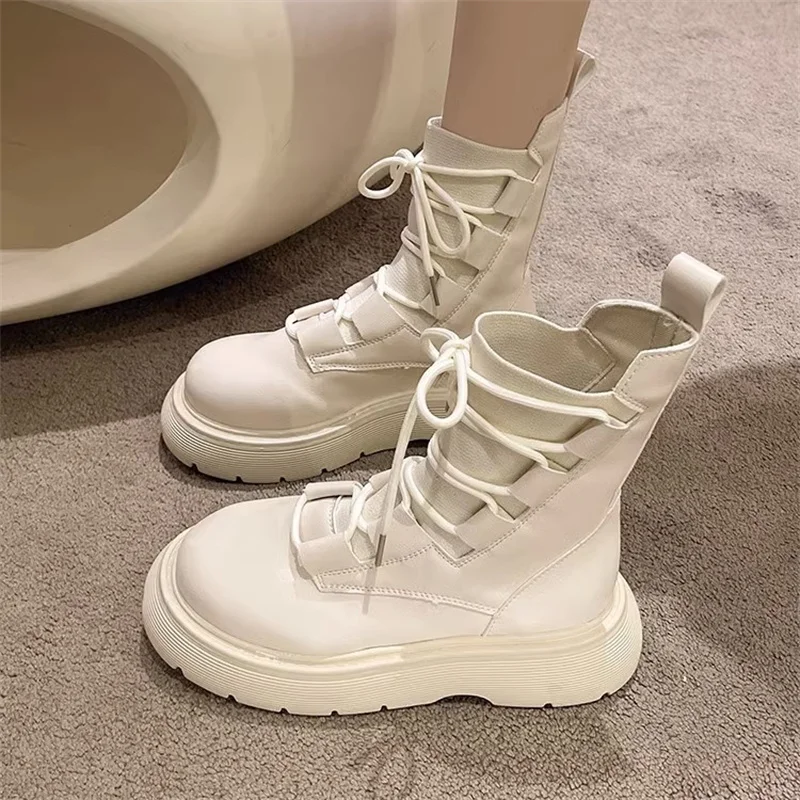 2023  Women Boots Spring Autumn Students Casual Fashion Shoes Lace-up Cross-tied Solid Round Toe Square Heel Boots