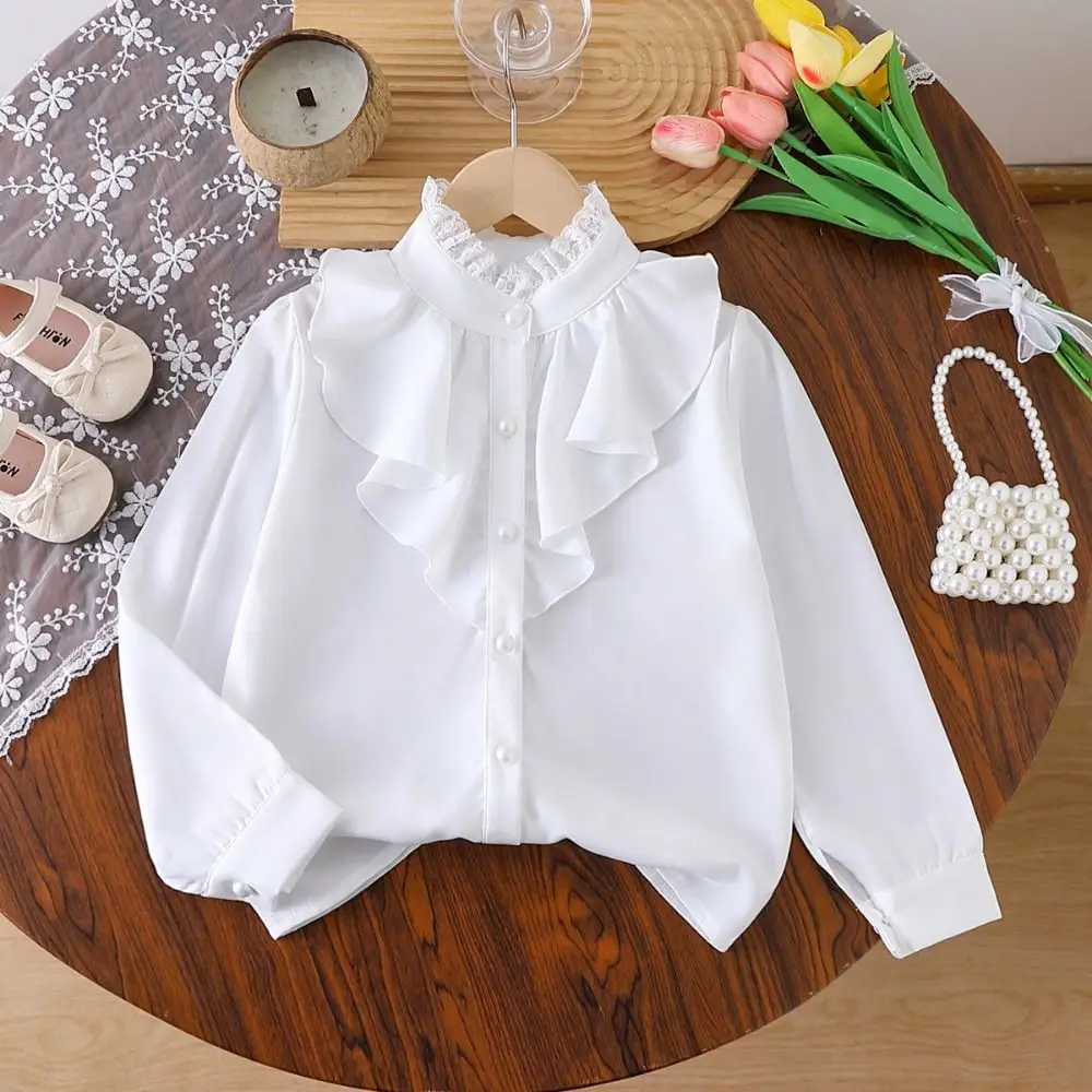 Casual White Girl Long Sleeve Shirt Long Sleeve Chiffon Fabric Girl White Blouse Button Front Lace Clothing for Teenagers
