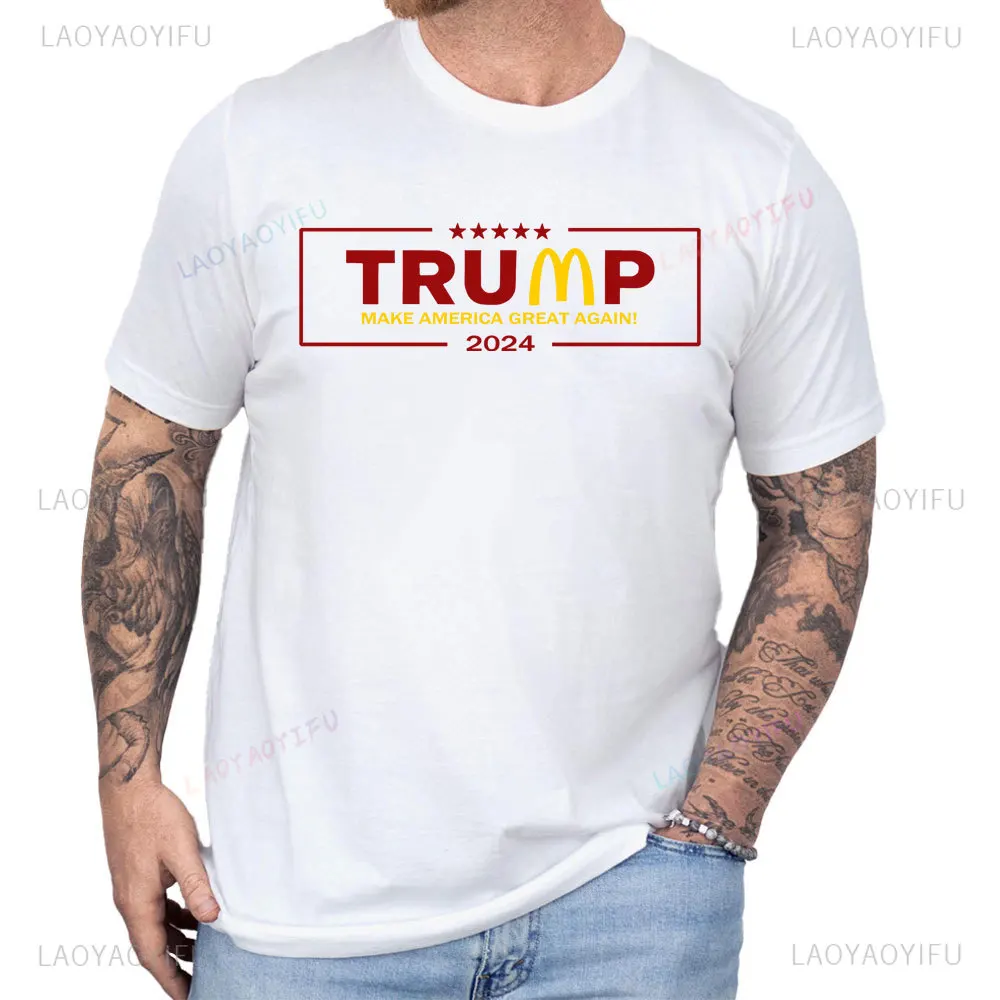 Trump McDonalds High Quality Men's T-shirt Summer Short Sleeve MAGA 2024 Make America Great Again Tshirt Trump Tops for Men