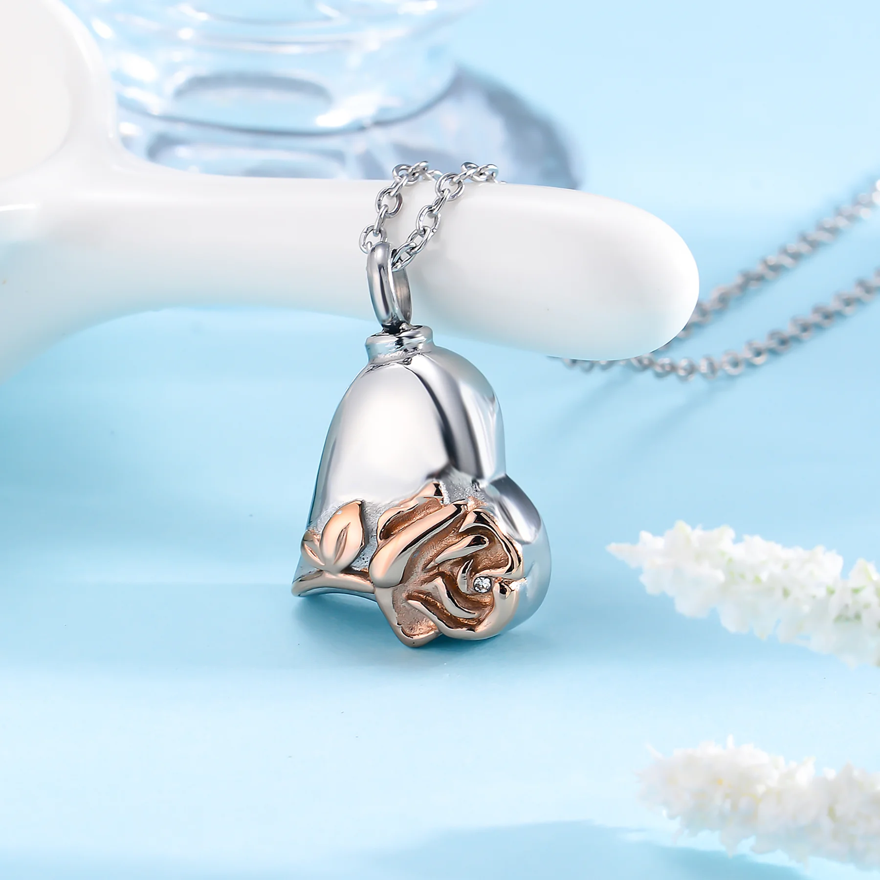 Herz mit Rose Urnen-Halskette aus Edelstahl mit Strasssteinen, Liebeskremations-Anhänger für Asche, Andenken-Schmuck für Frauen – Detail 5