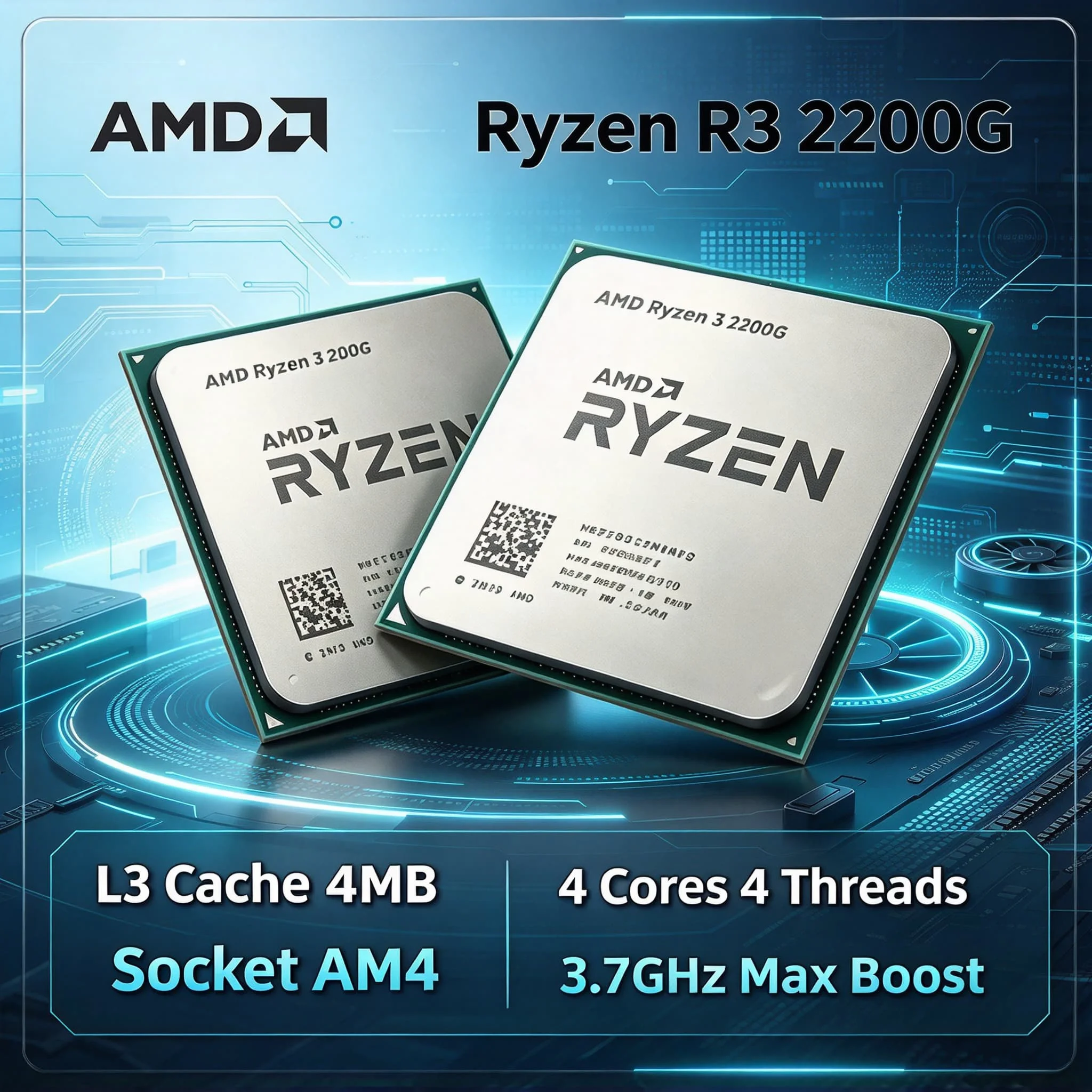 AM4 Socket AMD Ryzen 3 2200G R3 2200G 3.5GHz Base 3.7GHz Boost 4 Core 4 Thread CPU Processor 14nm Vega 8 Graphics Tray