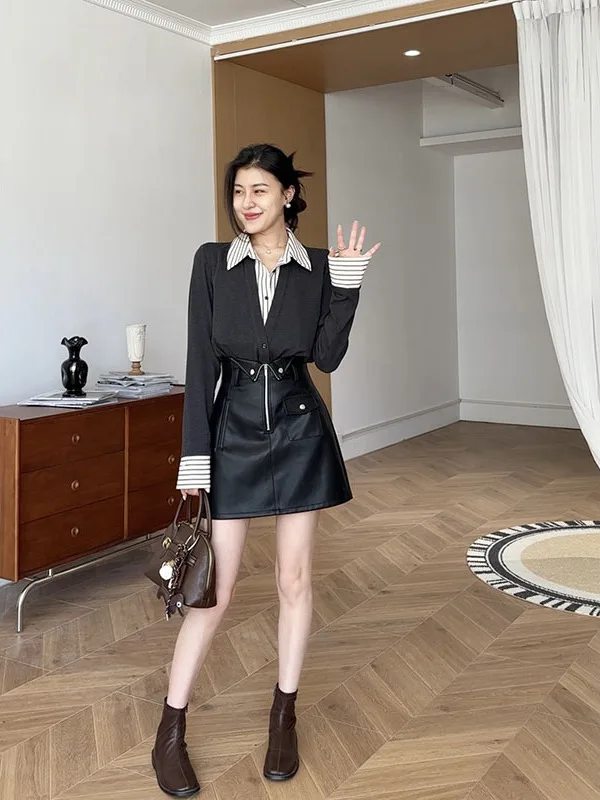 

Костюм-двойка Zhang a Xing Paris: рубашка с воротником в полоску и кожаная юбка с расклешенным низом, женская модная одежда