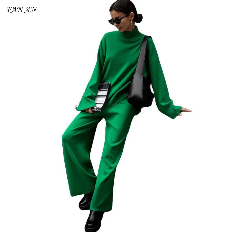 

Half Turtleneck Sweater Set New Autumn Winter Women's Solid Color Irregular Beveled Sweater Knit Wide-leg Pants Two-piece Set