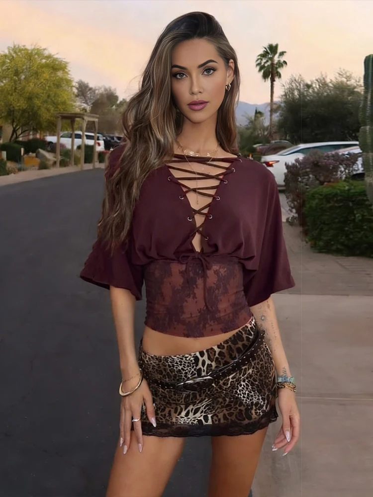 

Kliou Casual Fashion T-Shirts Woman 2026 Spring New Style Cross Bandage V-Neck Half Sleeve Jacquard Design Elegant Streetwear