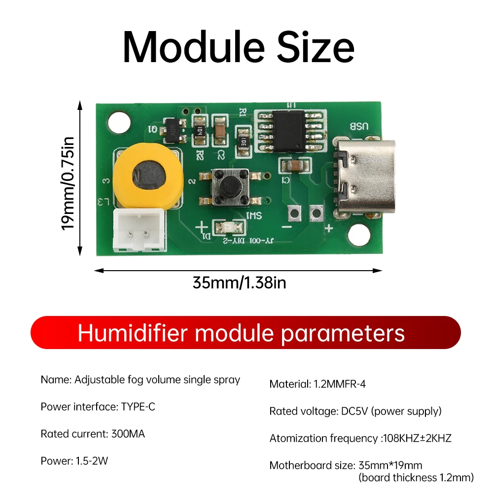 Módulo humidificador de pulverización única, volumen de niebla ajustable de 3 engranajes tipo C, tablero de Control de atomización ultrasónica, 108KHZ ± 2KHZ 1,5-2W