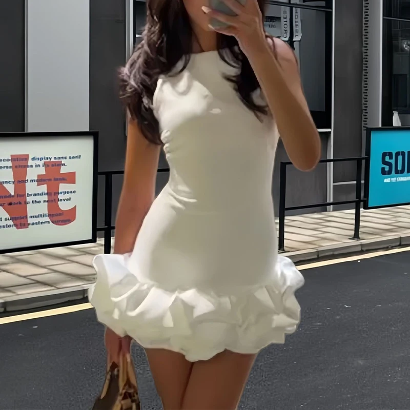 OMSJ verano elegante dulce sin mangas vestido de burbuja Color sólido cintura alta moda delgada cuello redondo árbol comestible hongo dobladillo Mini vestido sin mangas