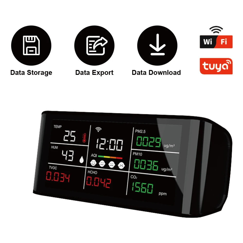 Testeur industriel PM2.5 avec écran LCD, détecteur de dioxyde de carbone, analyseur de qualité de l'air, stockage de données, hygrothermographe, analyseur de gaz