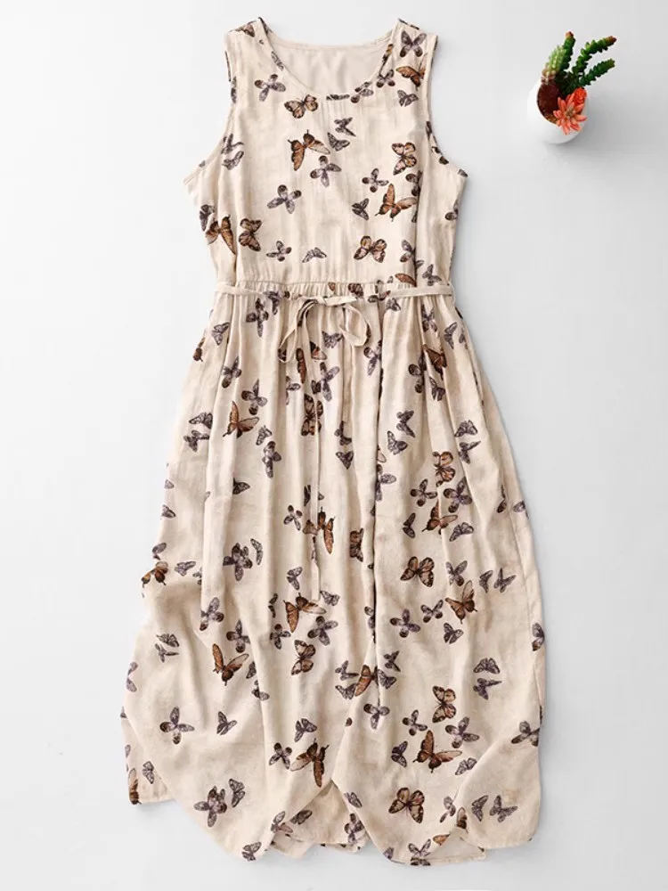 

Literary Elegant Butterfly Print Female Tank Dresses 2025 New Summer Age-reduced Lace Up Sleeveless Vest Dress for Women
