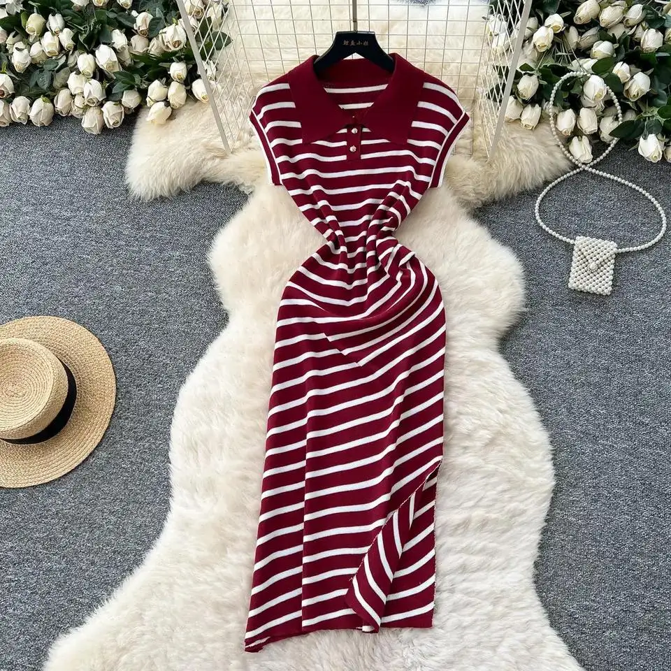 Mid Length Dress Women Dresses A Line Vestidos Polo Neck Short Sleeve Striped Elegant Side Slit Y2k Streetwear Work 2026 Spring
